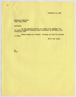 [Letter from A. H. Blackshear, Jr. to Sugarland Industries, September 17, 1954]