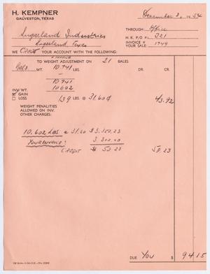 [Invoice for Sugarland Industries, December 3, 1954]