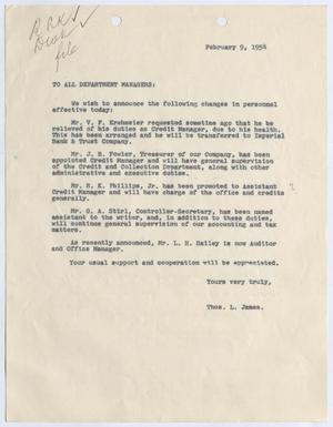 [Personnel Change Memorandum, February 9, 1954]