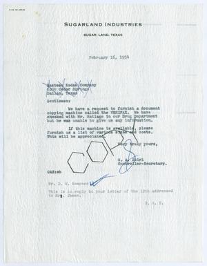[Letter from Gus A. Stirl to Eastman Kodak Company, February 16, 1954]