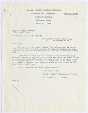 [Letter from Kelley, Looney, McLean & Littleton to Imperial Sugar Company, March 31, 1954]