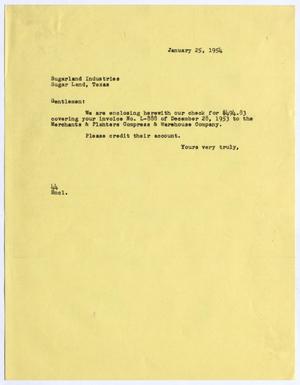 [Letter from A. H. Blackshear, Jr. to Sugarland Industries, January 25, 1954]