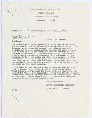 [Letter from A. O. Thomas to Imperial Sugar Company, November 15, 1954]