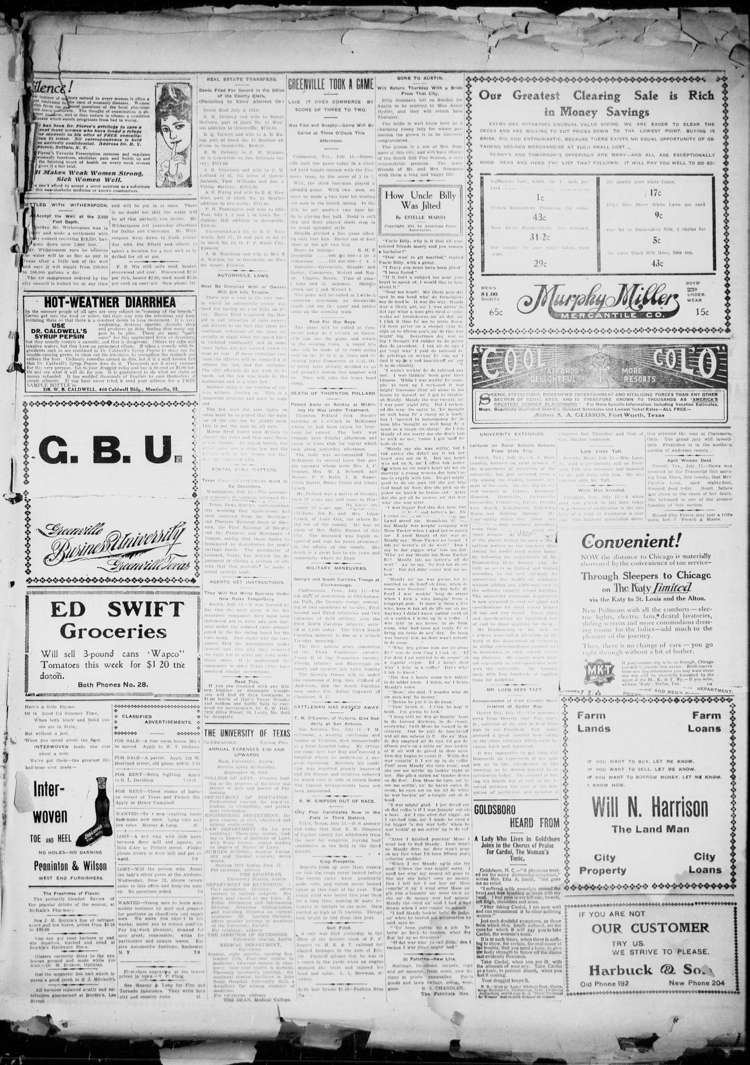 The Greenville Morning Herald. (Greenville, Tex.), Vol. 20, No. 257, Ed. 1, Monday, July 11, 1910
                                                
                                                    [Sequence #]: 3 of 4
                                                