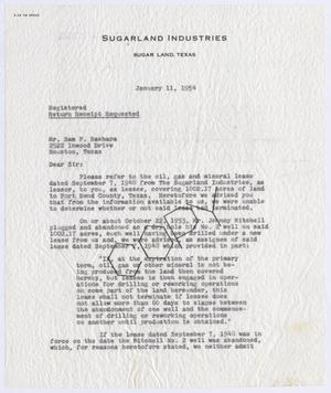 [Letter from Sugarland Industries to Sam F. Bashara, January 11, 1954]