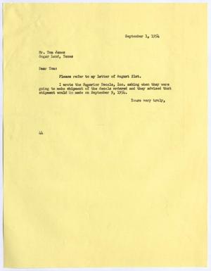 [Letter from A. H. Blackshear Jr. to Thomas Leroy James, September 1, 1954]