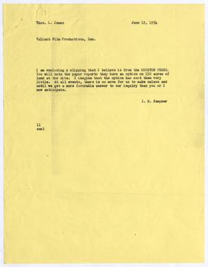 [Letter from Isaac Herbert Kempner to Thomas Leroy James, June 12, 1954]