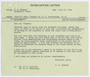 [Letter from C. H. Jenkins to I. H. Kempner, July 13, 1954]