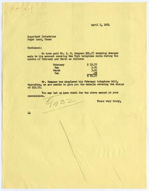 [Letter from A. H. Blackshear, Jr. to Sugarland Industries, April 7, 1954]