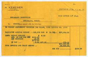 [Invoice for Sugarland Industries, September 17, 1954]