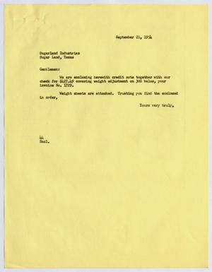 [Letter from A. H. Blackshear, Jr. to Sugarland Industries, September 21, 1954]