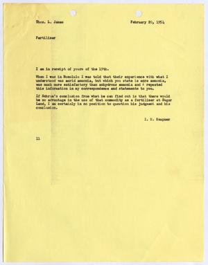 [Letter from I. H. Kempner to Thomas L. James, February 20, 1954]