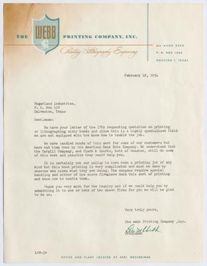 [Letter from Lee W. Webb to Sugarland Industries, February 18, 1954]