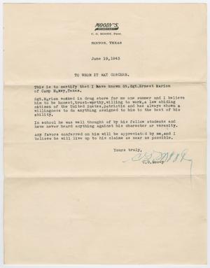 Primary view of object titled '[Letter from C. G. Moody, June 19, 1943]'.