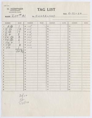 [Sugarland Industries Tag List, Lot #41, August 21, 1954]