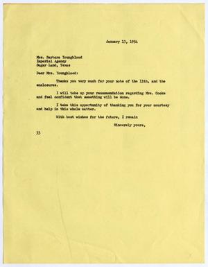 [Letter from Letter from Harris Leon Kempner to Barbara Youngblood, January 13, 1954]