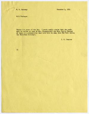 [Letter from Isaac Herbert Kempner to W. O. Caraway, December 4, 1954]