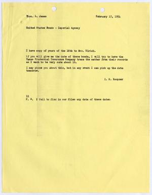 Primary view of object titled '[Letter from I. H. Kempner to Thomas L. James, February 17, 1954]'.
