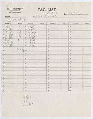 [Sugarland Industries Tag List, Lot #35, August 18, 1954]