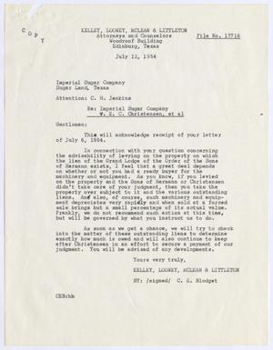 [Letter from C. E. Blodget to Imperial Sugar Company, July 12, 1954]