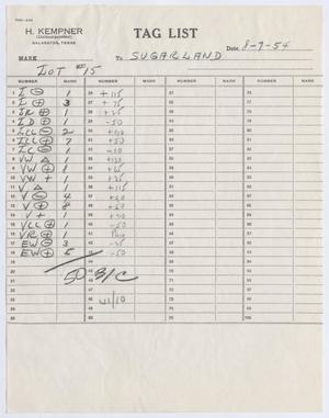 [Sugarland Industries Tag List, Lot #15, August 9, 1954]