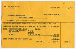 [Invoice for Sugarland Industries, October 1, 1954]