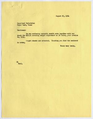 [Letter from A. H. Blackshear Jr., to Sugarland Industries, August 27, 1954]