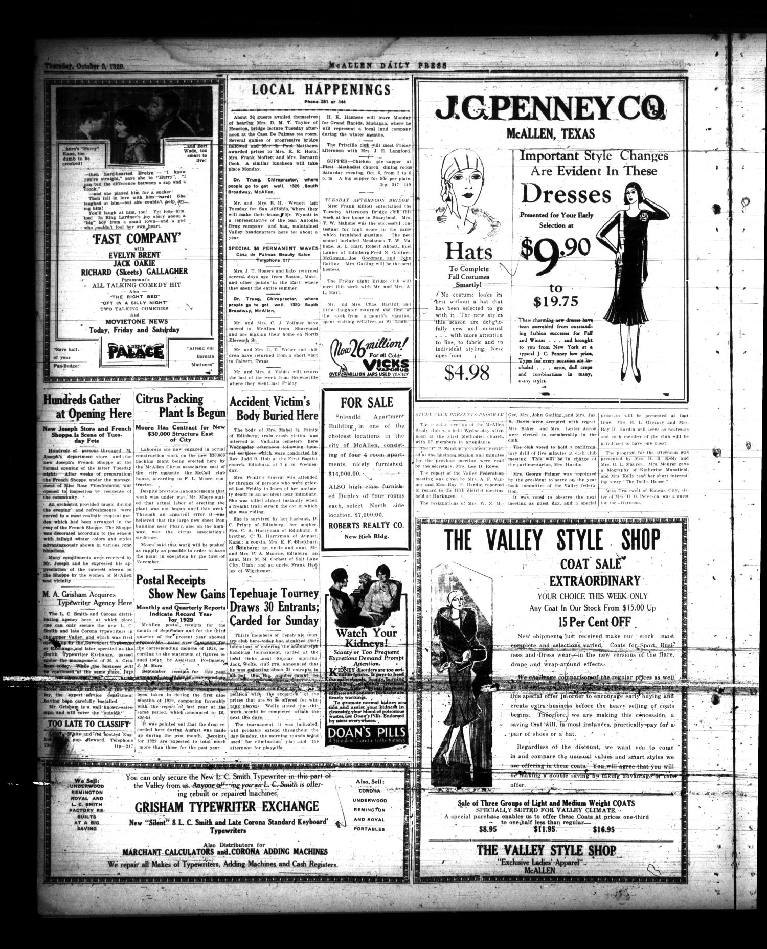 McAllen Daily Press (McAllen, Tex.), Vol. 9, No. 247, Ed. 1 Thursday, October 3, 1929
                                                
                                                    [Sequence #]: 4 of 4
                                                