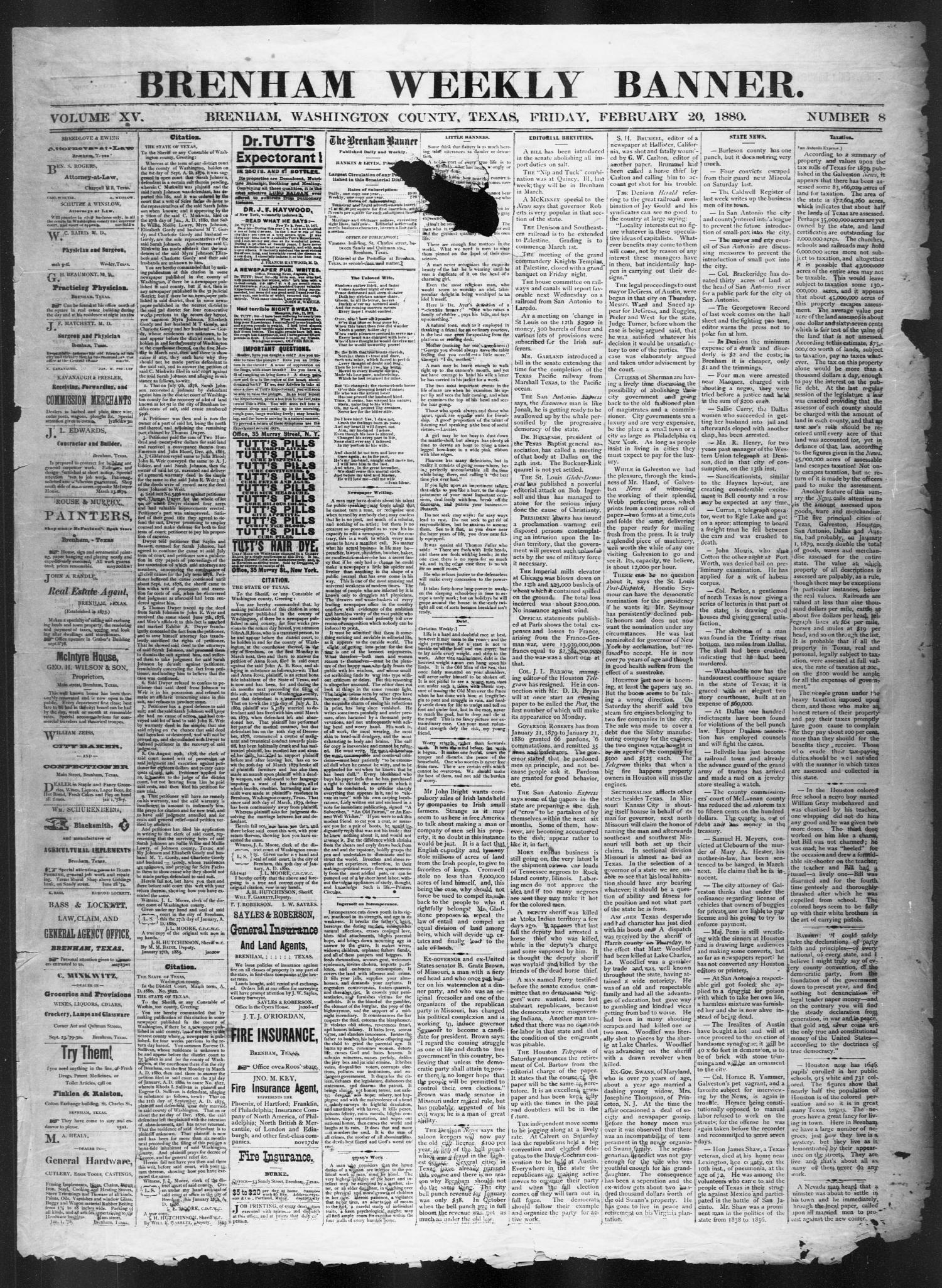 Brenham Weekly Banner. (Brenham, Tex.), Vol. 15, No. 8, Ed. 1, Friday, February 20, 1880
                                                
                                                    [Sequence #]: 1 of 4
                                                