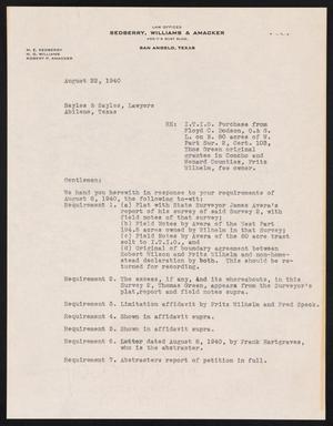 [Letter from M. E. Sedberry to Sayles & Sayles, August 22, 1940]