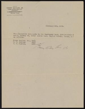 [Document Stating the Interests in the Fasshauer Land of Henry Sayles, Jr., E. B. Sayles, and C. M. Sayles #1]