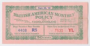 Primary view of object titled '[Raffle Ticket for British American Monthly Policy Drawing]'.
