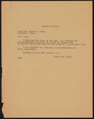 [Letter from John Sayles to John Adriance and Sons, February 4, 1930]