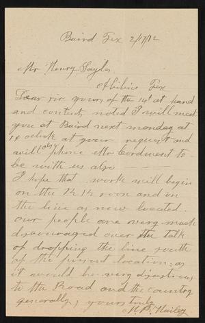 [Letter from N. P. Hailey to Henry Sayles, February 17, 1912]