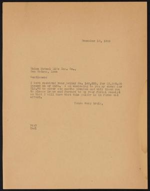 [Letter from Perry Sayles to Union Mutual Life Insurance Company, December 18, 1933]