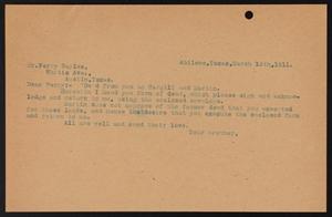 [Letter from John Sayles to Perry Sayles, March 13, 1911]