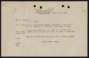 [Letter from John Sayles to M. McAlpine, July 6, 1912]
