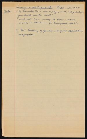 Primary view of object titled '[Notes Discussing Jake L. Hamon, Jr. vs. United States Torpedo Company, September 15, 1928]'.