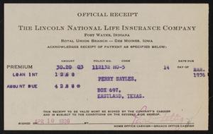 Primary view of object titled '[Receipt for Payment to the Lincoln National Life Insurance Company, April 10, 1936]'.