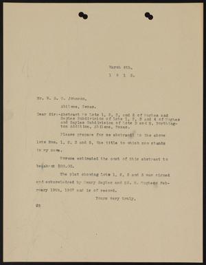 [Letter from John Sayles to W. S. O. Johnson, March 6, 1913]