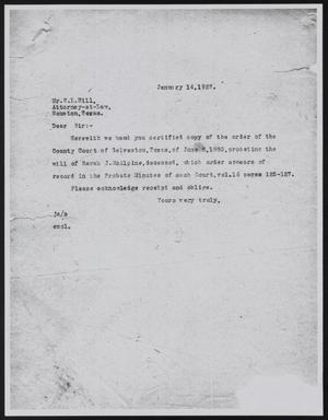 [Letter from John Sayles to W. L. Hill, January 14, 1927]