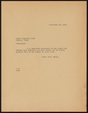 [Letter from P. S. to First National Bank, September 10, 1934]