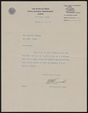 [Letter from W. A. French to The Sayles Company, April 3, 1931]
