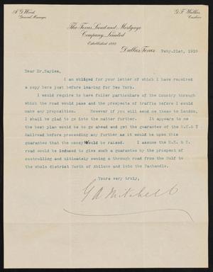 [Letter from G. A. Mitchell to Mr. Sayles, February 21, 1910]
