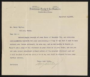 [Letter from Sealy and Hutchings to Henry Sayles, December 10, 1906]