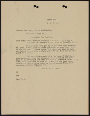 [Letter from John Sayles to Carlton & Bell, March 6, 1913]