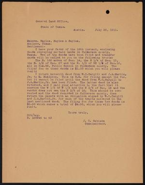 [Letter from J. T. Robison to Sayles, Sayles & Sayles, July 26, 1911]