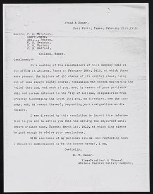 [Letter from D. T. Bomar to C. W. Merchant, Henry James, Geo L. Paxton, W. G. Swenson, H. O. Wooten, and J. M. Redford, February 21, 1910]