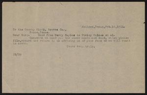 Primary view of object titled '[Letter from John Sayles to Reeves Company, February 16, 1911]'.