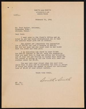 Primary view of object titled '[Letter from Smith & Smith to Jack Sayles, February 21, 1941]'.